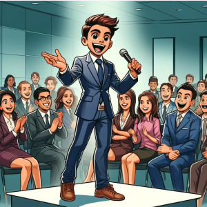 Cartoon of a young South Asian man, animatedly telling a story to a captivated, diverse audience in a modern conference room. He is dressed in a smart business suit, gesturing with his hands as he speaks. The audience, consisting of various ethnicities and genders, shows expressions of engagement—some are leaning forward, others are laughing, and a few are clapping. A projector screen displaying a presentation is visible in the background, adding to the lively atmosphere of the interaction.